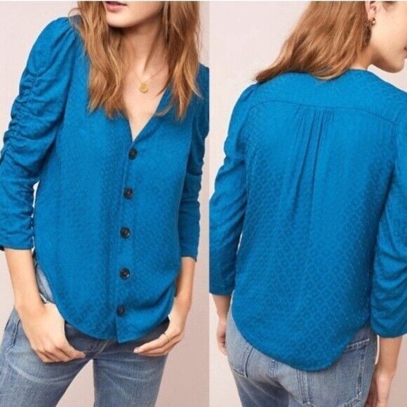 Anthropologie Maeve Rhombus turquoise blue blouse women's size 0 big buttons - Picture 1 of 10